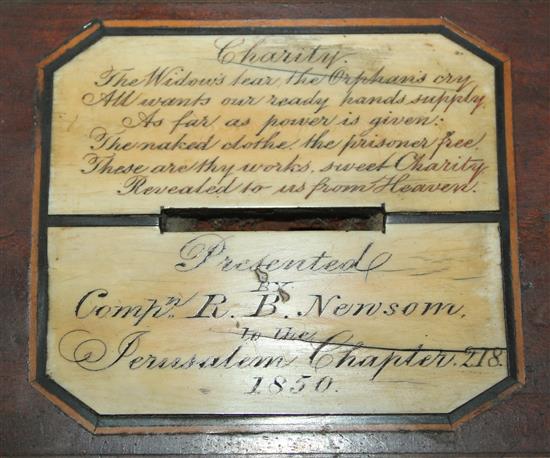 Masonic Interest. A Victorian inlaid mahogany alms box,